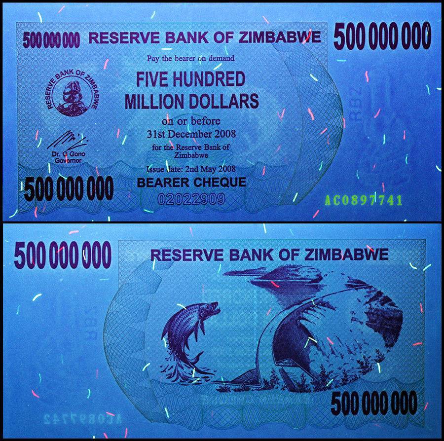 Zimbabwe 500 Million Dollars Bearer Cheque 2008 P60 UNC Unique and Rare