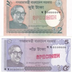 Specimen Two Unc Notes Set of Bangladesh 2 Taka 5 Taka Rare