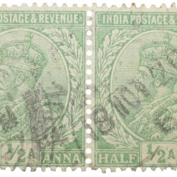 Postal Stamp of George V 1/2 Anna Green Colour - Block of 2 Stamps - Used Condition as per image.