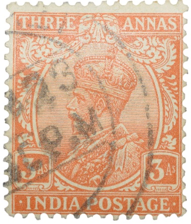 Postal Stamp of George V 3 Annas Orange Colour - Used Condition as per image.