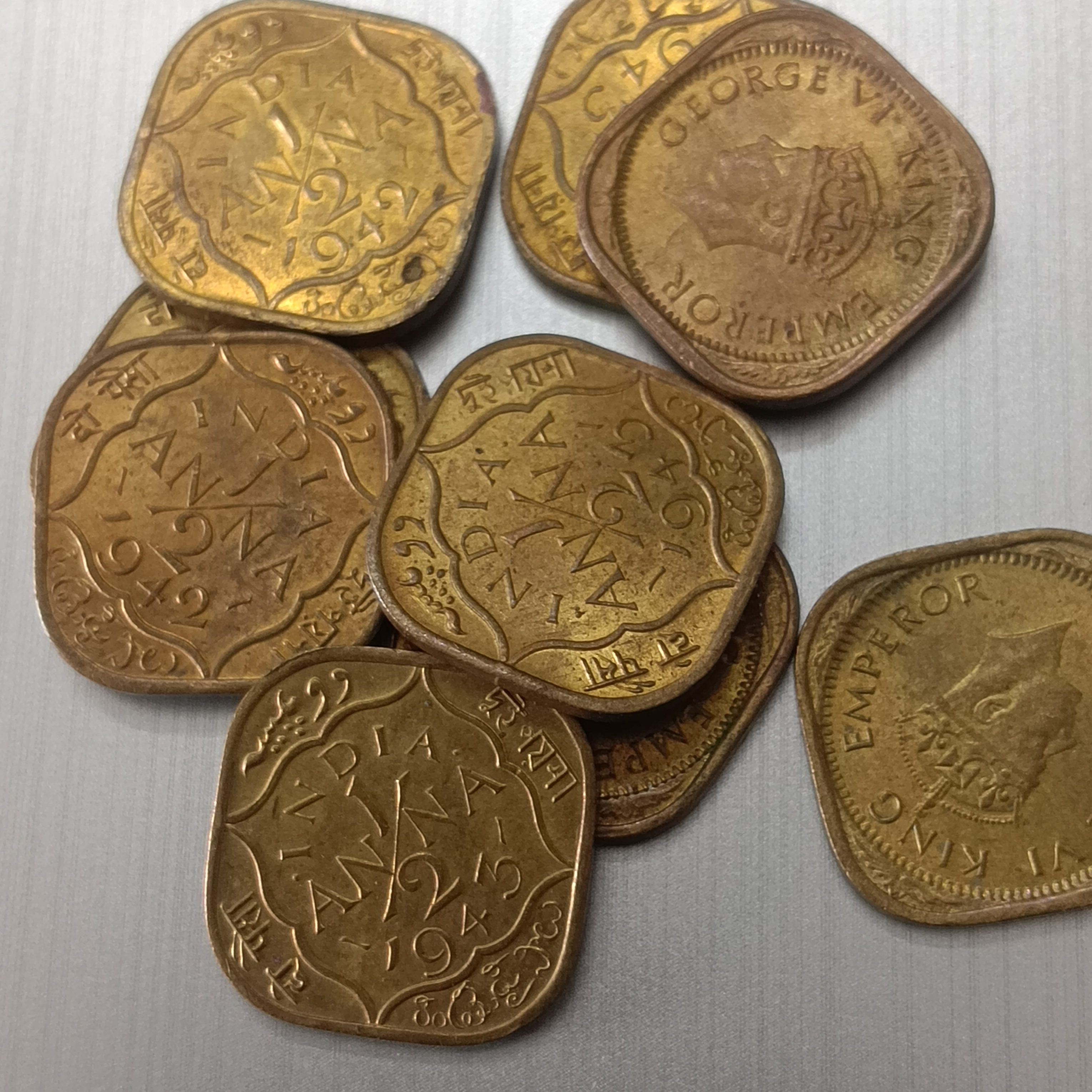 George Vi King Emperor 1/2 Anna Bronze Scare Coins Unc Condition mix Year 1942,43,44 10 Pcs Given British of India