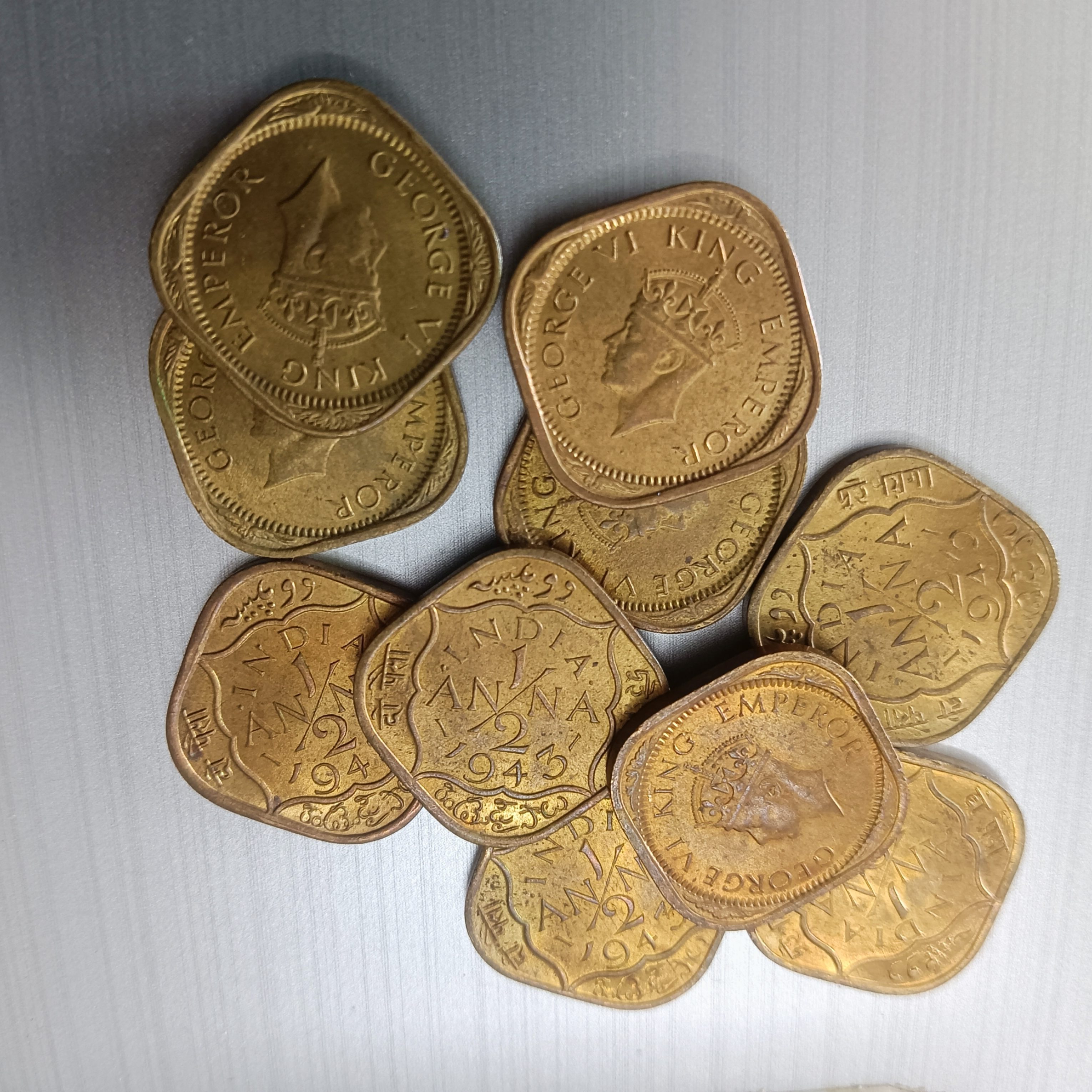 George Vi King Emperor 1/2 Anna Bronze Scare Coins Unc Condition mix Year 1942,43,44 10 Pcs Given British of India