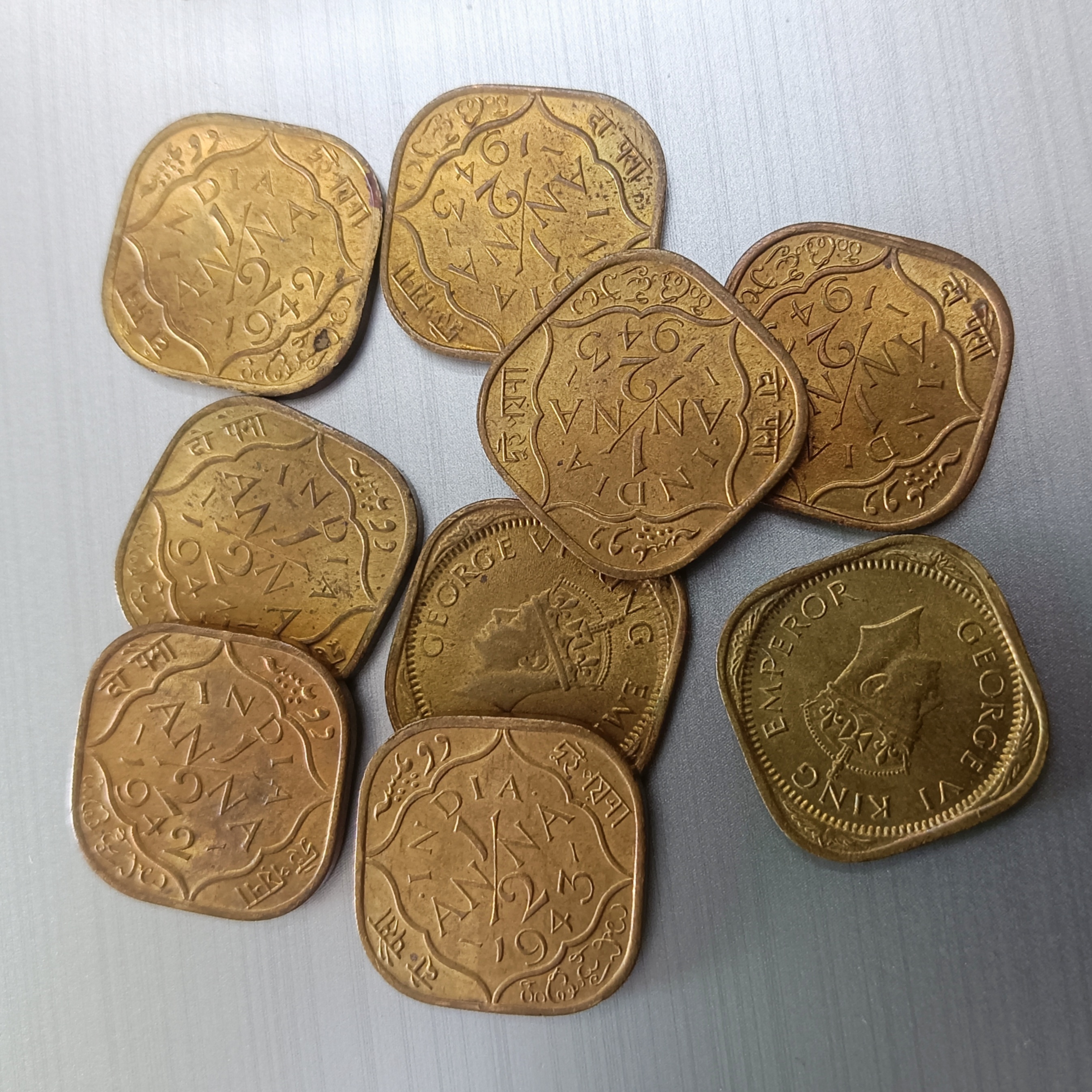 George Vi King Emperor 1/2 Anna Bronze Scare Coins Unc Condition mix Year 1942,43,44 10 Pcs Given British of India