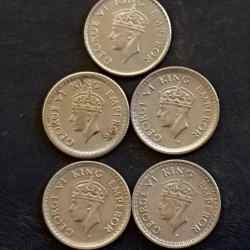 Silver British India Set of 5 pieces of 5 different year king and emperor George vi Denominaton 1/4₹ Excellent condition same and similar set are available