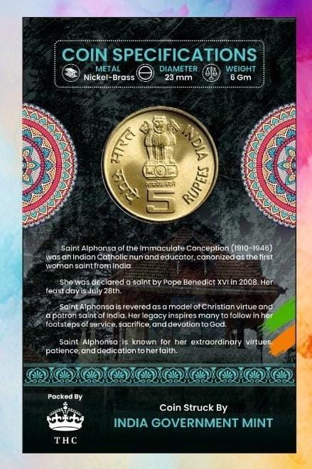 5 Rs. Saint Alphonsa Birth centenary rare Commemorative Coin Card Special Edition