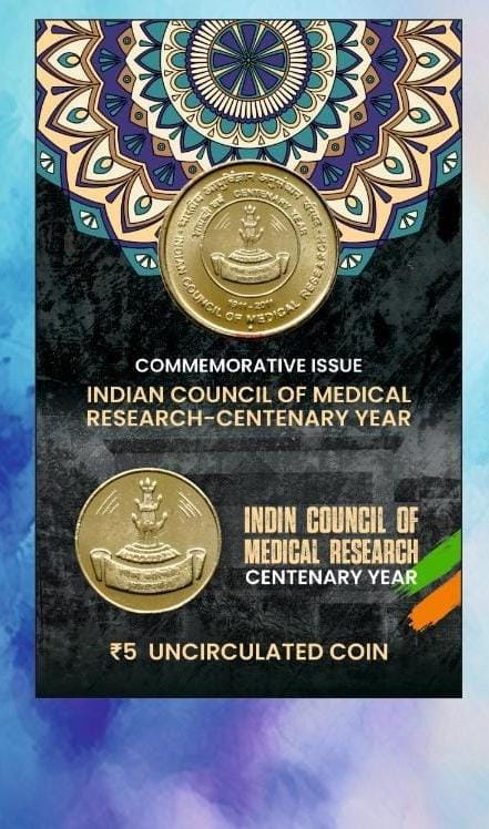 5 Rs. Indian Council Of Medical Research Centenary Year rare Commemorative Coin Card Special Edition