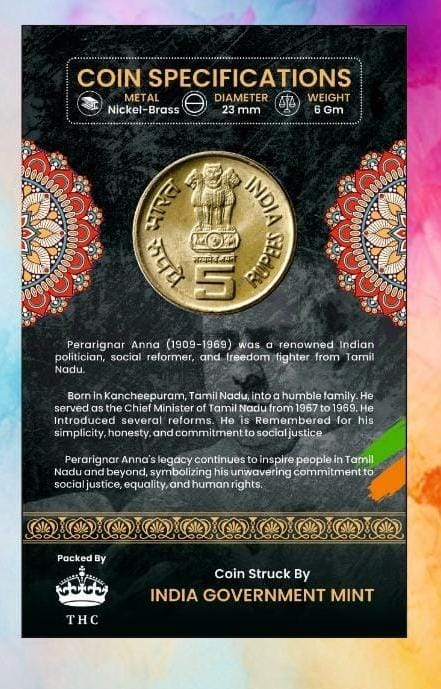 5 Rs. Perarignar Anna Centenary rare Commemorative Coin Card Special Edition
