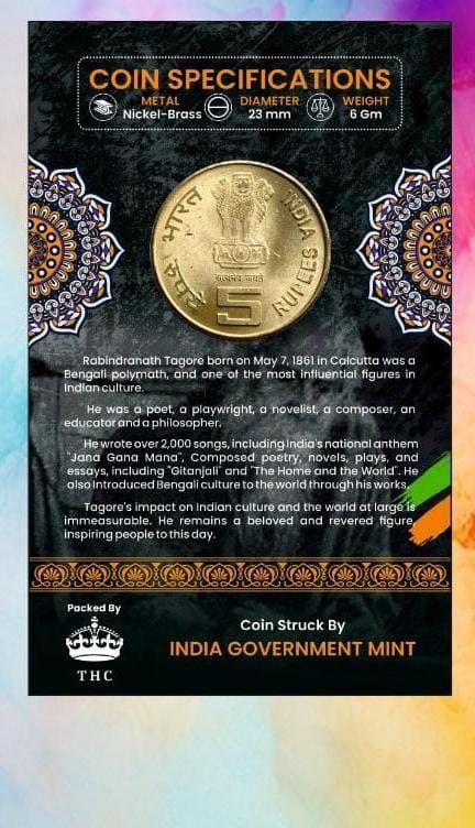 5 Rs. 150 Birth Anniversary Rabindranath Tagore rare Commemorative Coin Card Special Edition