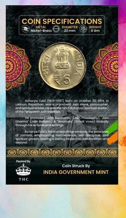 5 Rs. Acharya Tulsi Birth Centenary are rare Commemorative Coin Card Special Edition