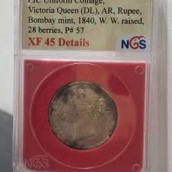 1 Rupees 1840 Victoria Queen Rare East India Company Silver Coin NGS Grading XF45 # A-1203