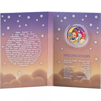 Baby Zodiac. Virgo - Republic of Ghana 2 Cedis 2022 1/2 oz silver coin in mint folder pack Rare Beautiful