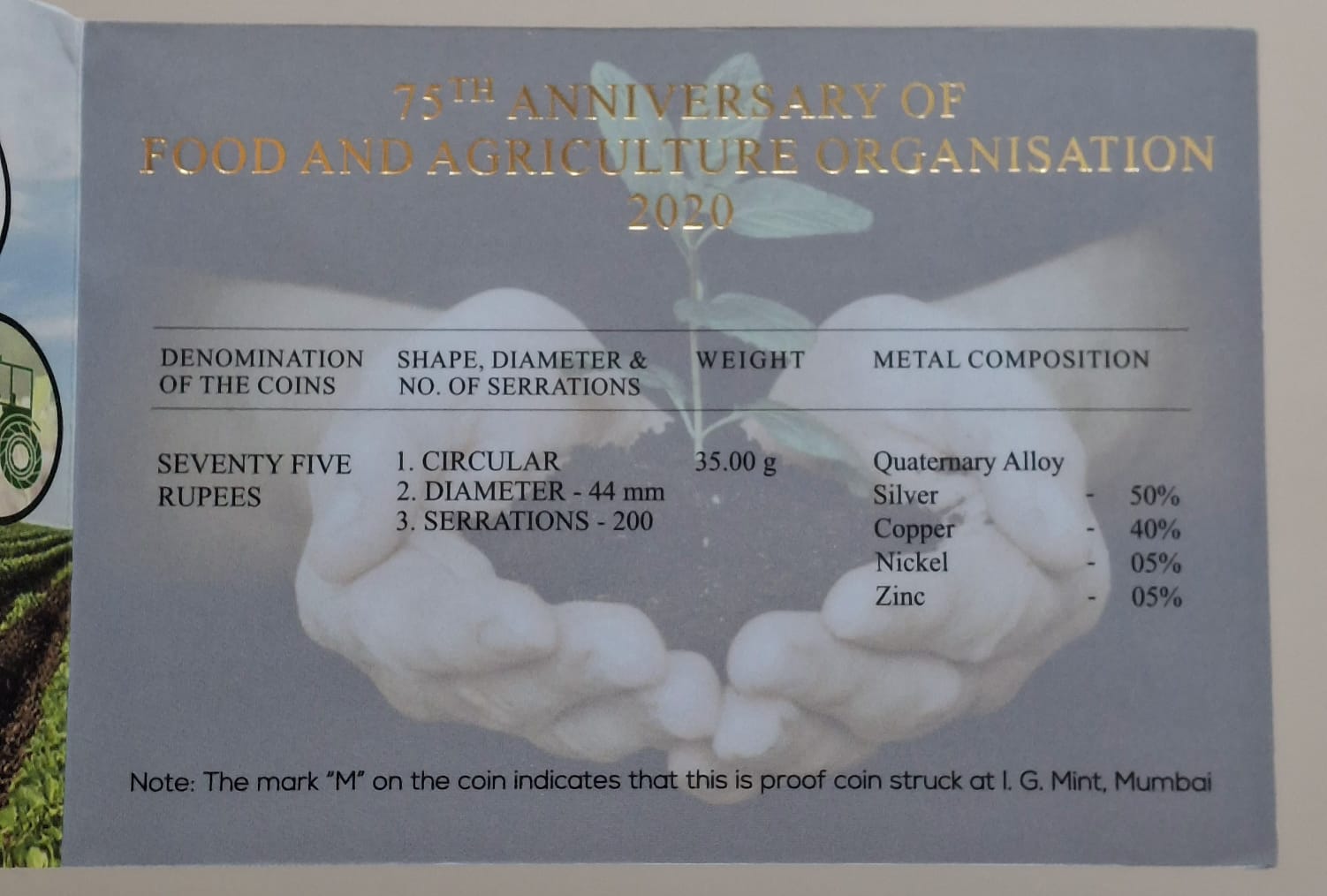 75TH Anniversary of FOOD and Agricultural Organisation 2020 Rare (Proof Set) Mumbai Mint