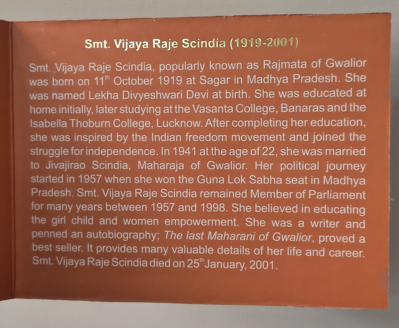Birth Centenary of SMT. Vijaya RAJE Scinda 1919-2019 Kolkata Mint Rare ((Proof Set))