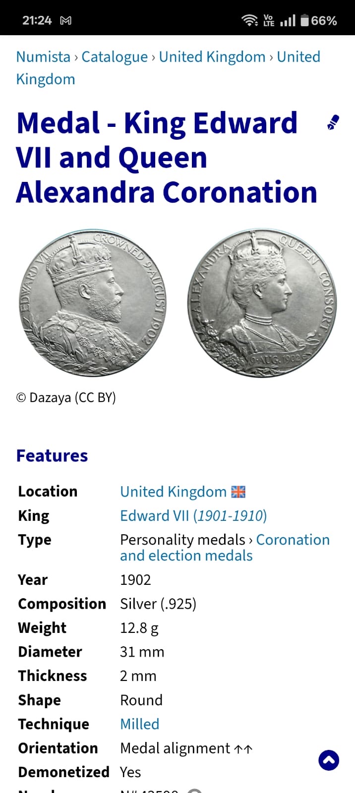 United Kingdom Medal 1902 - King Edward VII and Queen Alexandra Coronation Silver (.925) Weight 12.8 g Extermaly rare medal