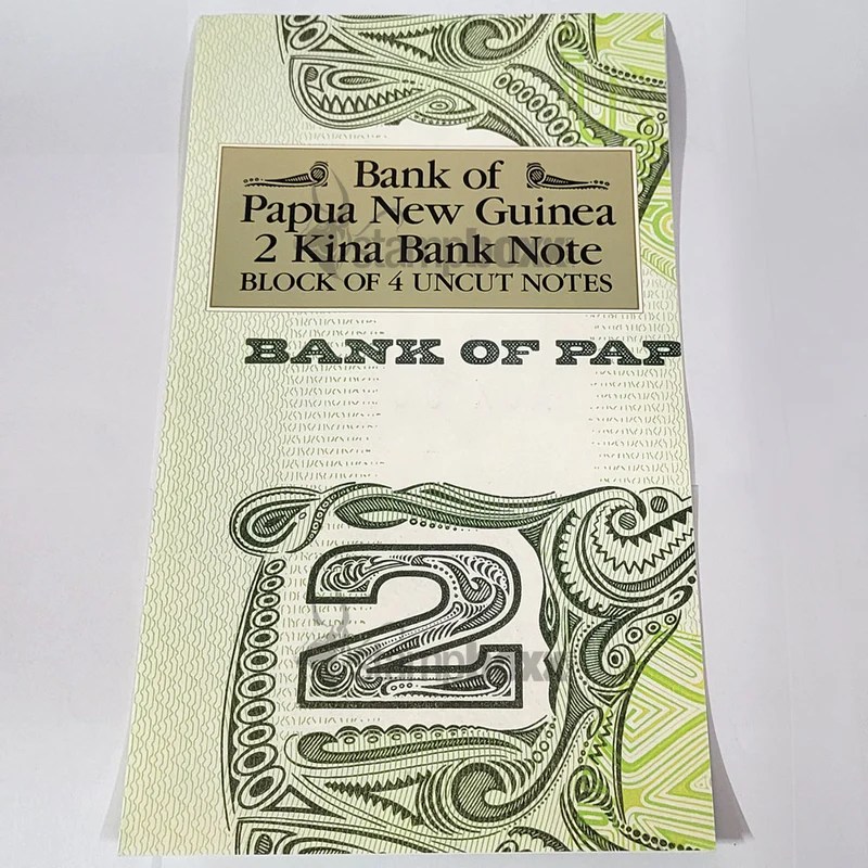 Bank of Papua New Guinea 2 KINA Bank Note Block of 4 Uncut Notes Rare Beautiful
