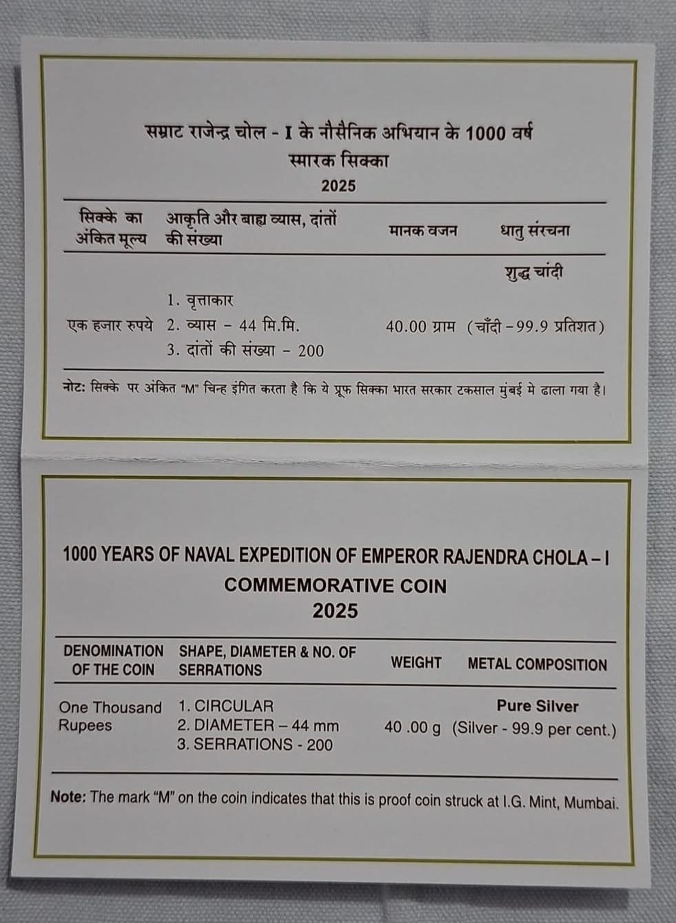 1000 years of naval expedition Rajender chola Vip set mumbai mint with certificate and box