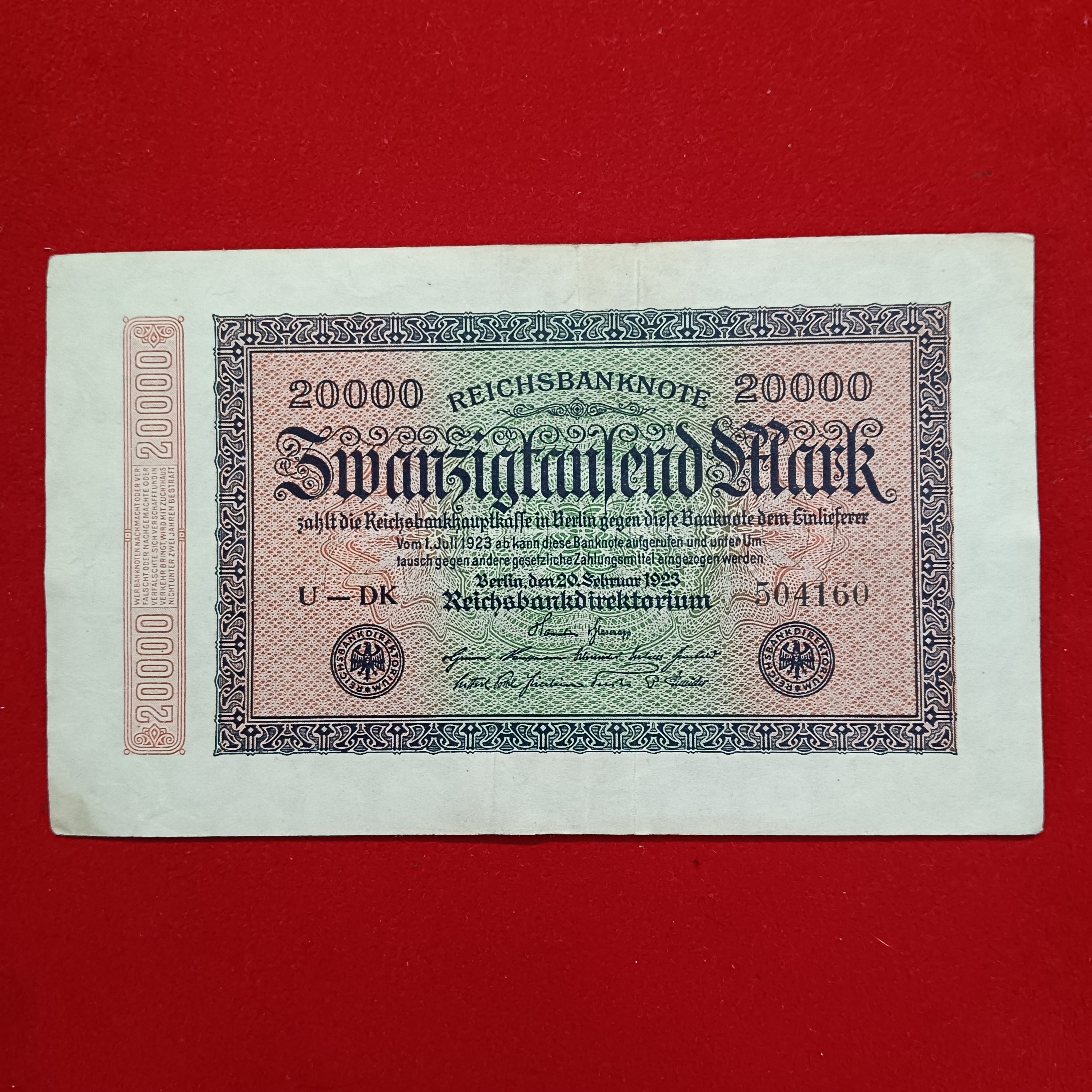 Germany 20000 Note Deutsche Reichs Bank Note 1923 Year Rare Note