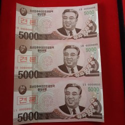 Extremely Rare Specimen 5000 North Korean Won Uncut Note Sheet