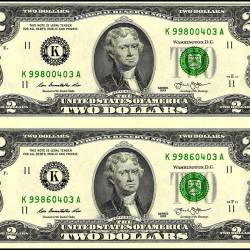 USA 2 Dollars Banknote 2013 Issue K Series Gem UNC 2 Notes Uncut Sheet Very Unique and Ultra Rare