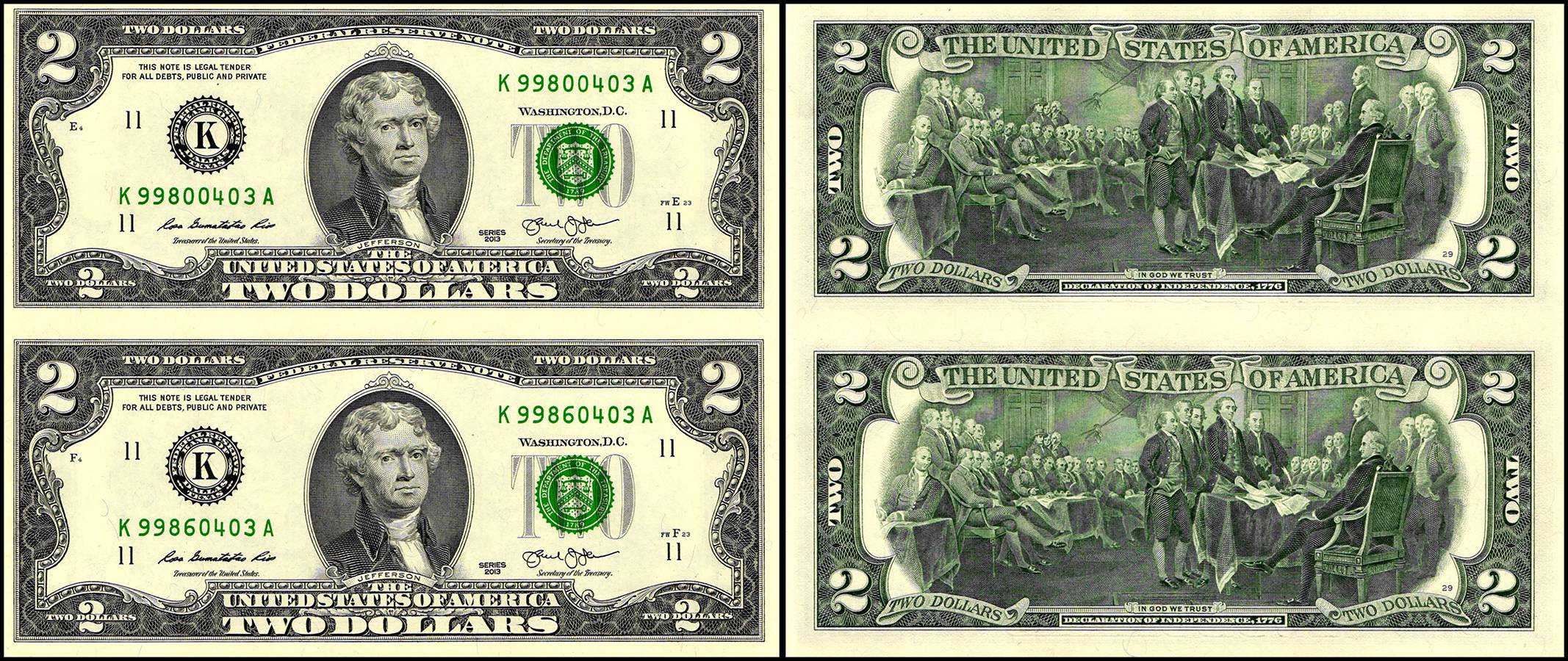 USA 2 Dollars Banknote 2013 Issue K Series Gem UNC 2 Notes Uncut Sheet Very Unique and Ultra Rare
