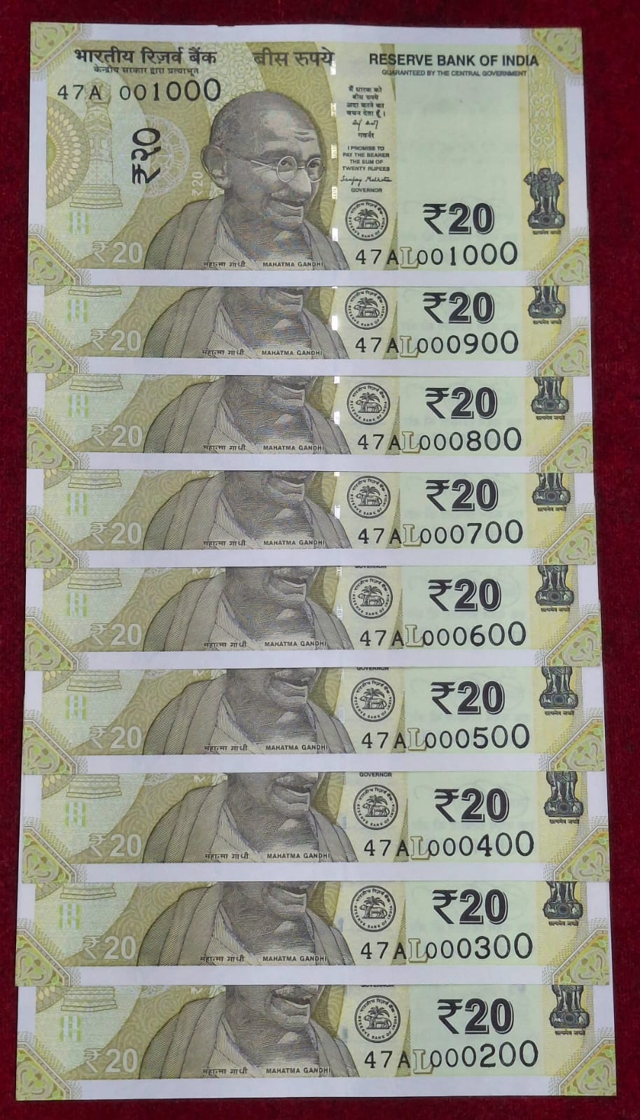 000200 - 001000 ( 9 PCS Set) 20 Rupees GEM UNC Rare ( 9 Note Set)