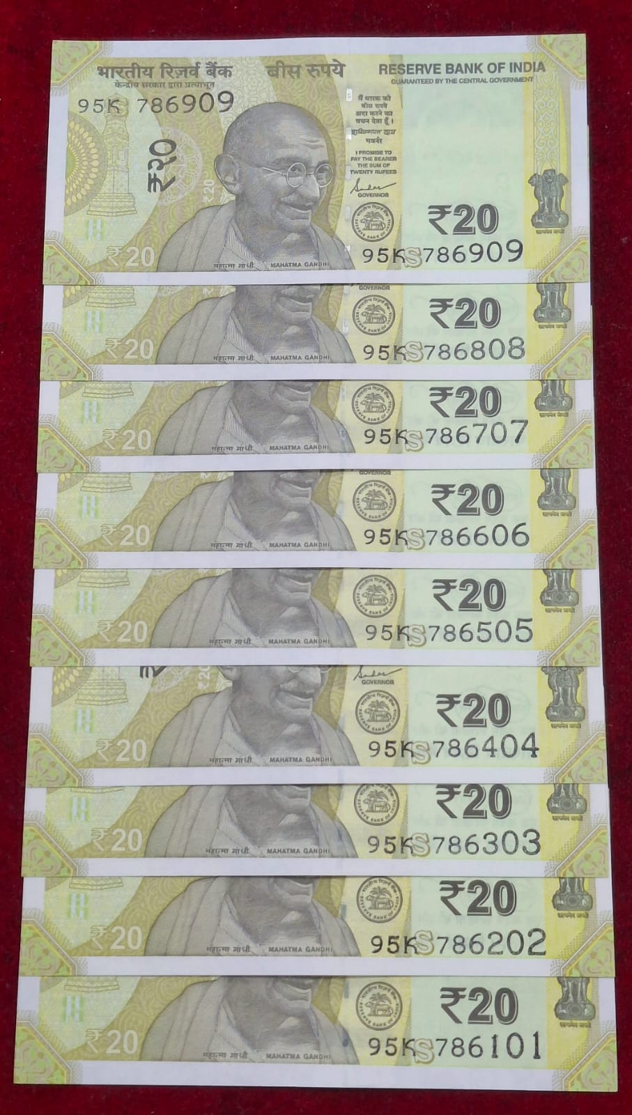 786101 -786909 ( 9 PCS Set) 20 Rupees GEM UNC Rare ( 9 Note Set)