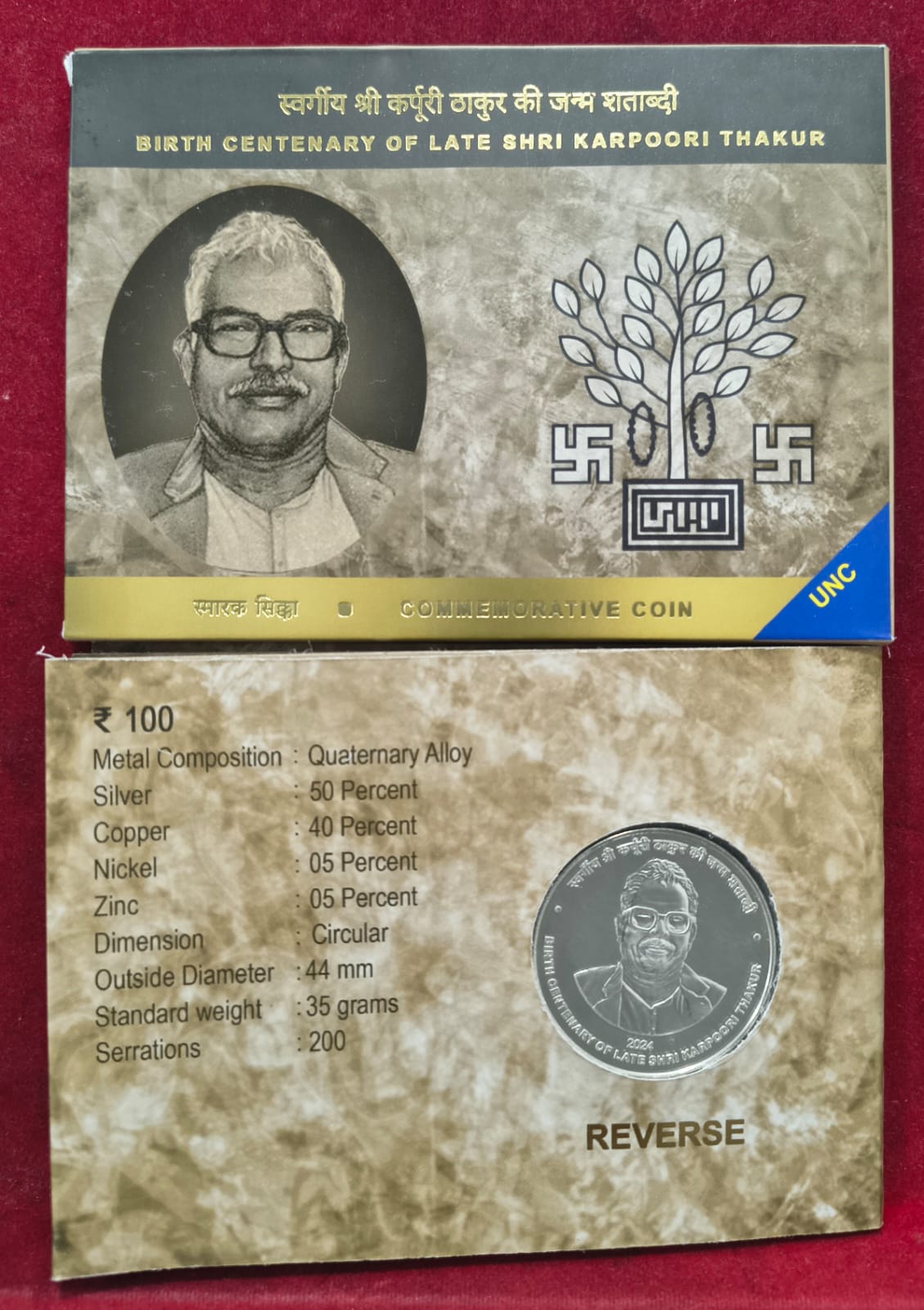 Birth Centenary of LATE Shri Karpoori Thakur 2024 Kolkata Mint Rare ( UNC Set)