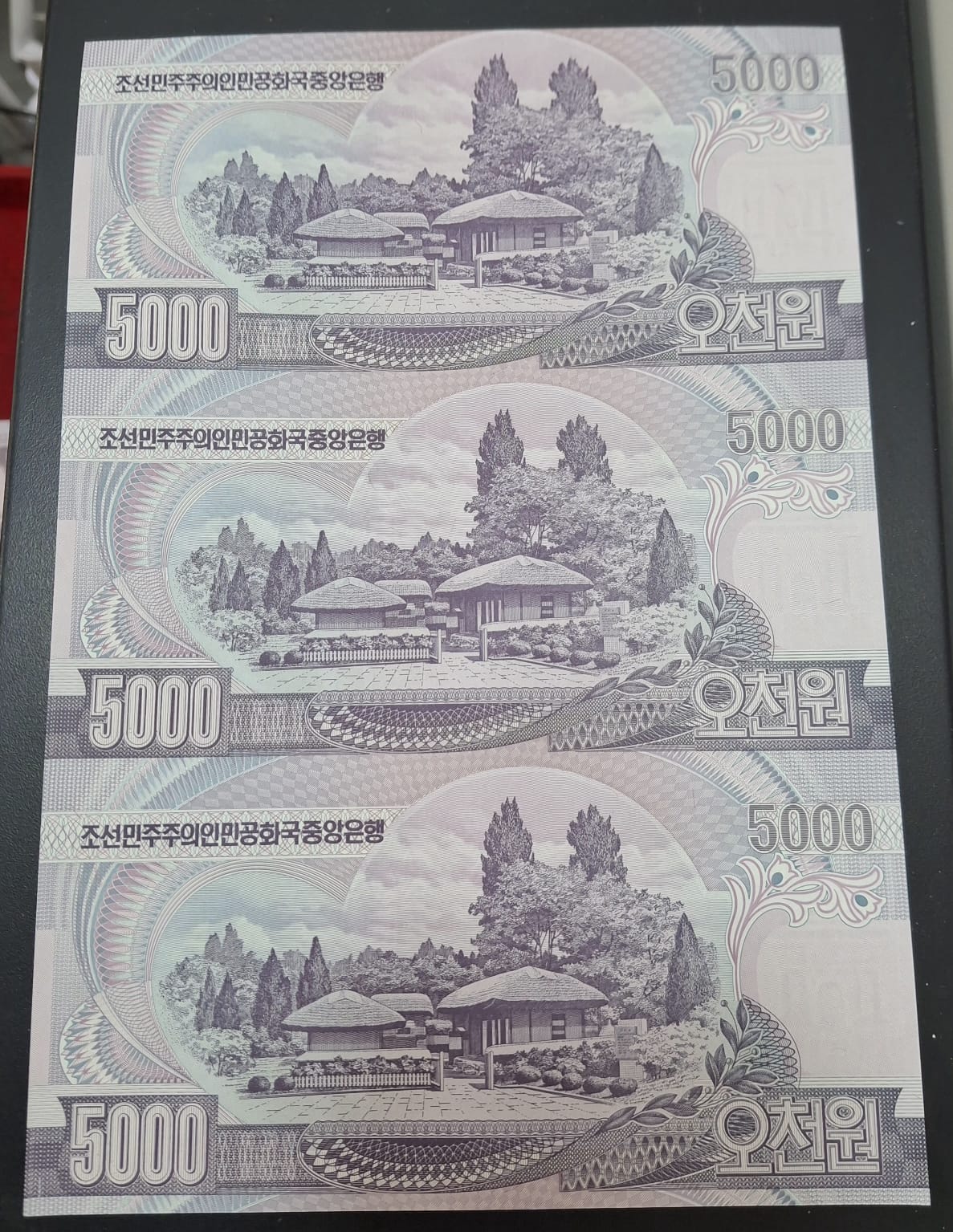 North Korea 5000 WON ( 3 Notes) Uncut Sheet Rare