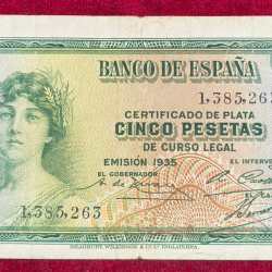 Spain 5 Pesetas Silver Certificate Rare Note # B-2