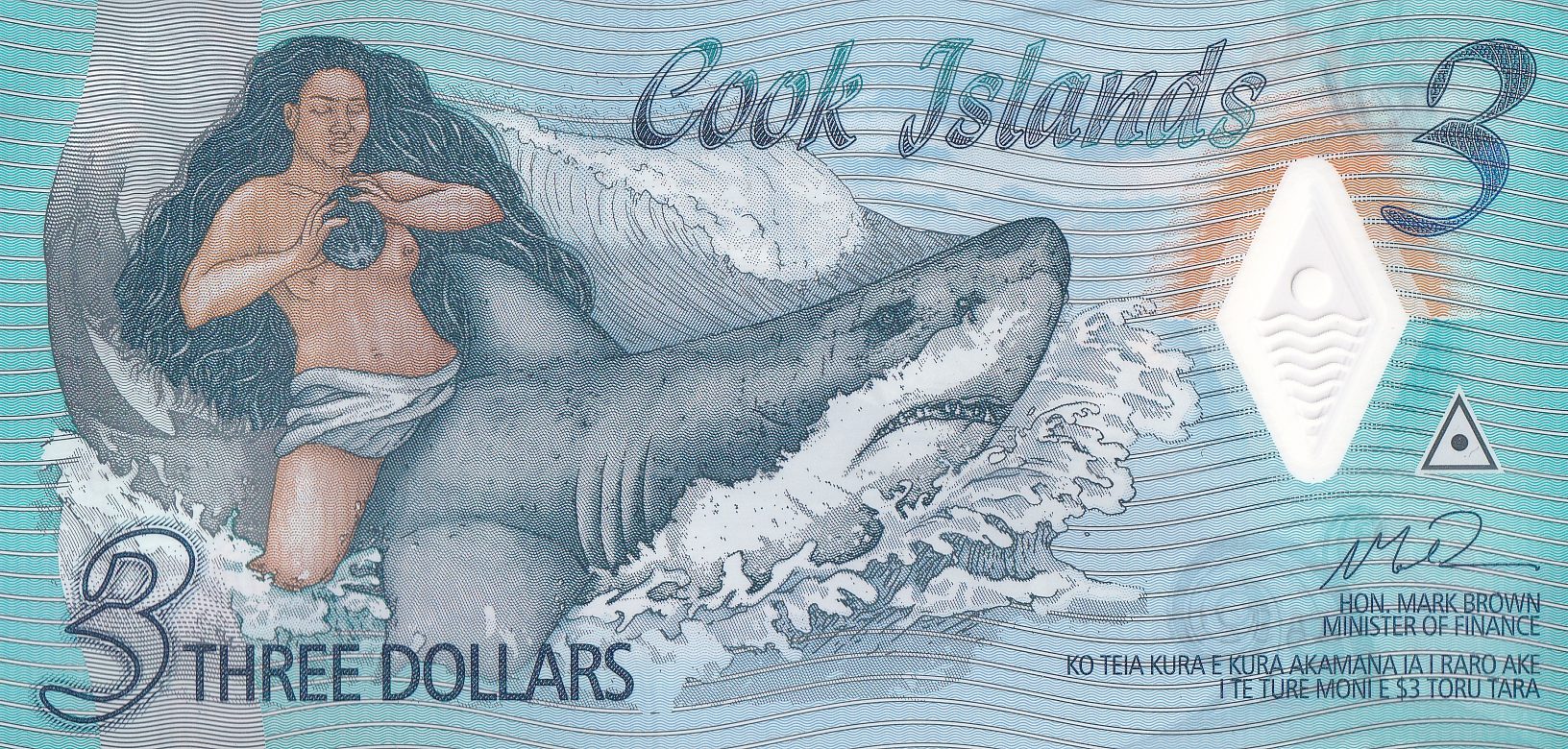 Polymer Note of Cook Islands 3 Dollars Unc Rare