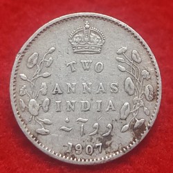 Two Anna Silver Coin Edward VII 1907 Calcutta Mint