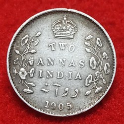 Two Anna Silver Coin Edward VII 1905 Calcutta Mint
