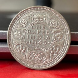 1943 Rare Date One Rupee of George V King Bombay Mint Half Silver 11.66 Gram British India Coin in Top Extremely Fine Grade