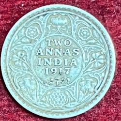 2 annas british india silver 1917 george V rare coin # z-1313