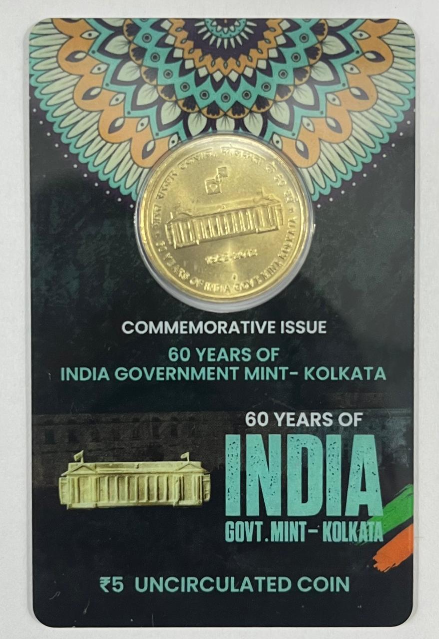 5 Rs. 60 Years of India Government Mint-Kolkata rare Commemorative Coin Card Special Edition