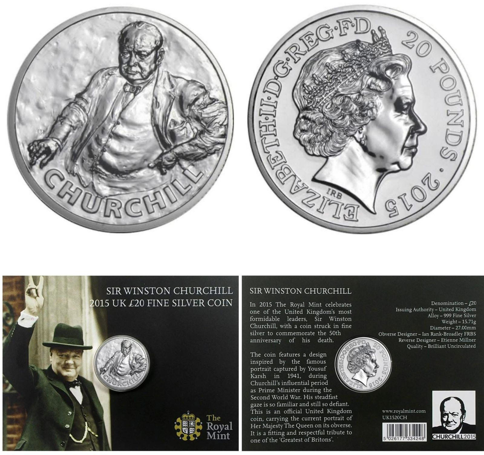 United Kingdom 20 Pounds 2015 - Elizabeth II Sir Winston Churchill Commemorative issue Royal Mint Issue Rare Silver (Weight 15.71 g)