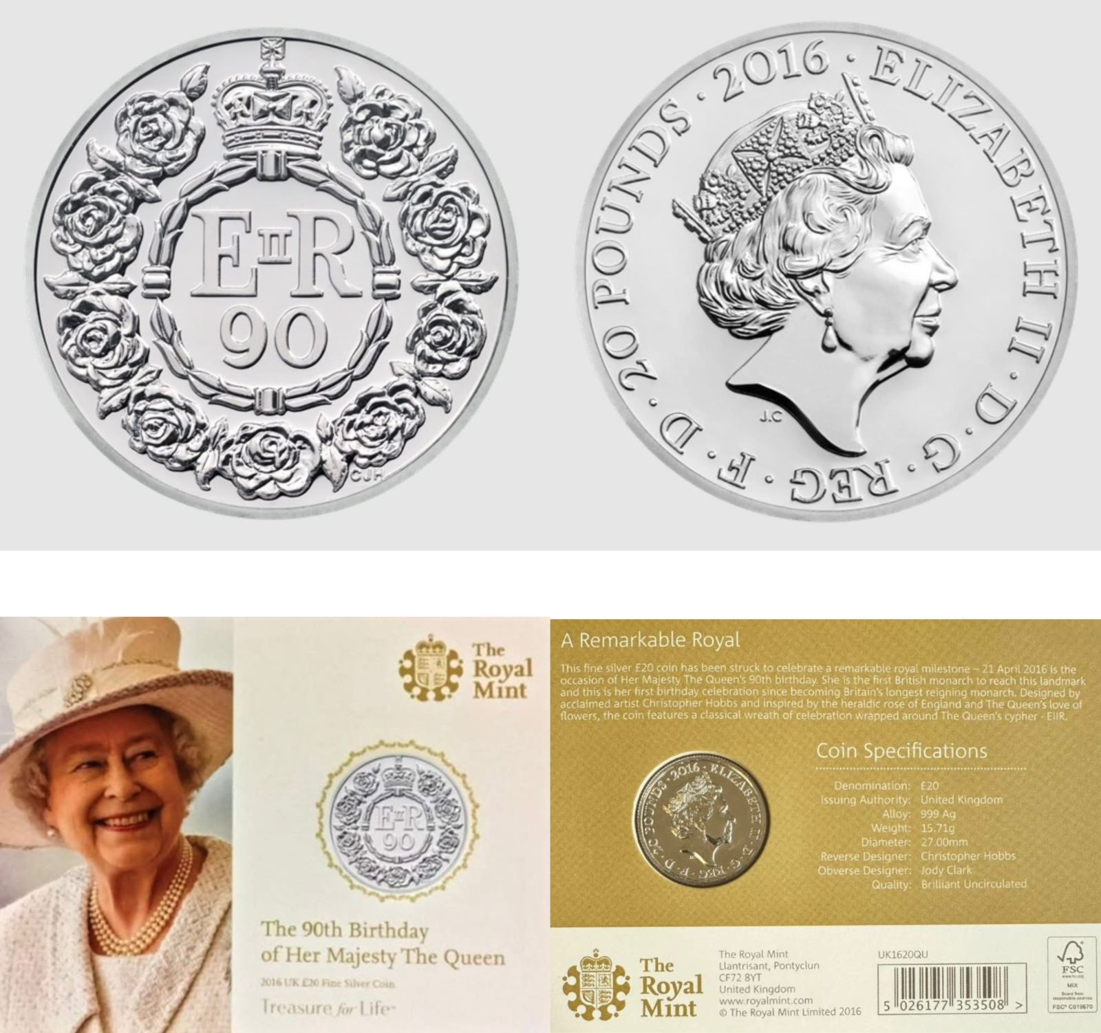 United Kingdom 20 Pounds 2016 - Queen's 90th Birthday Elizabeth II Commemorative issue Royal Mint Issue Rare Silver (Weight 15.71 g)