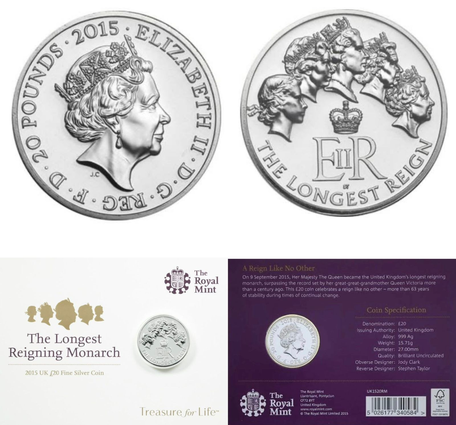 United Kingdom 20 Pounds 2015 - Elizabeth I Longest Reign Commemorative issue Royal Mint Issue Rare Silver (Weight 15.71 g)