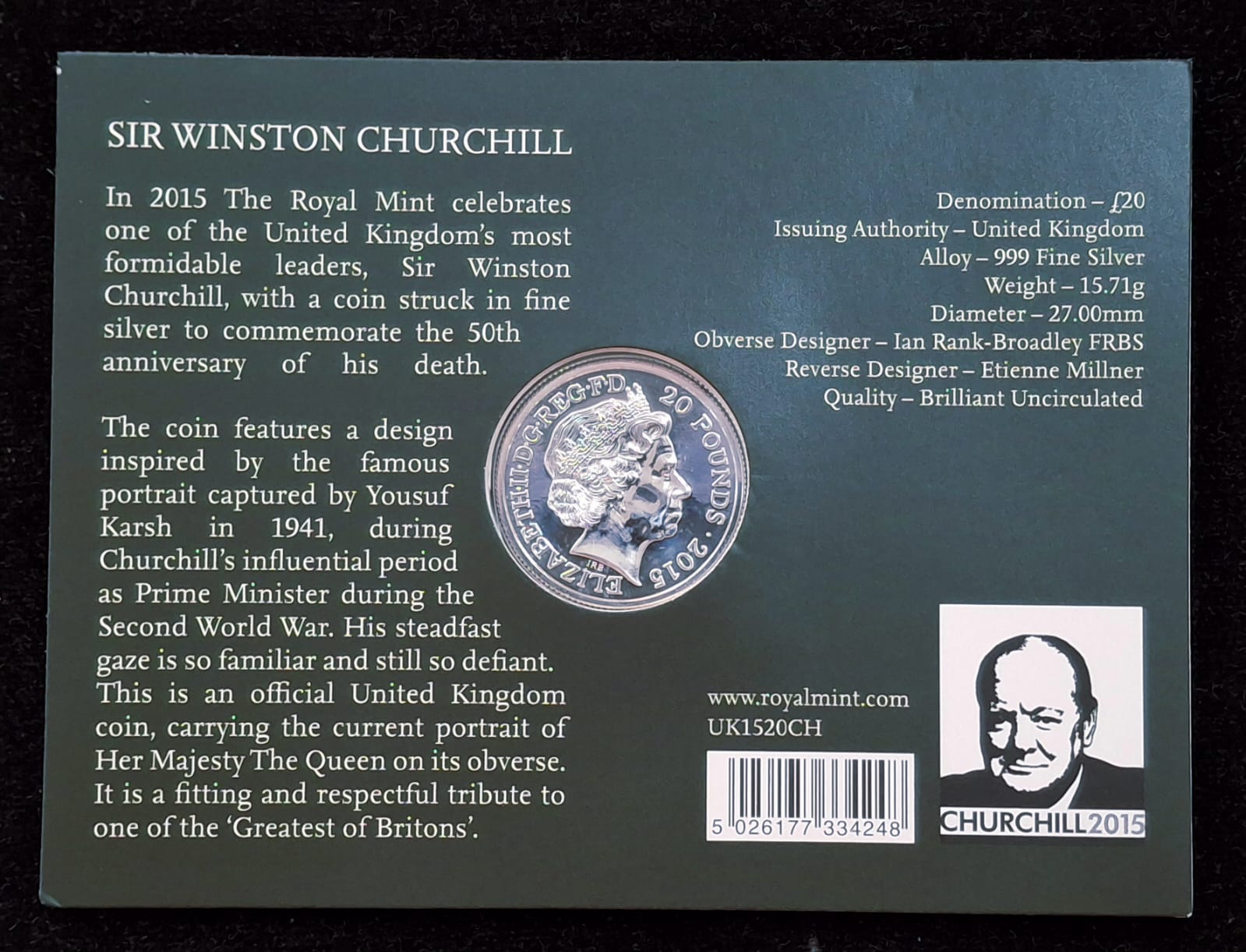 United Kingdom 20 Pounds 2015 - Elizabeth II Sir Winston Churchill Commemorative issue Royal Mint Issue Rare Silver (Weight 15.71 g)