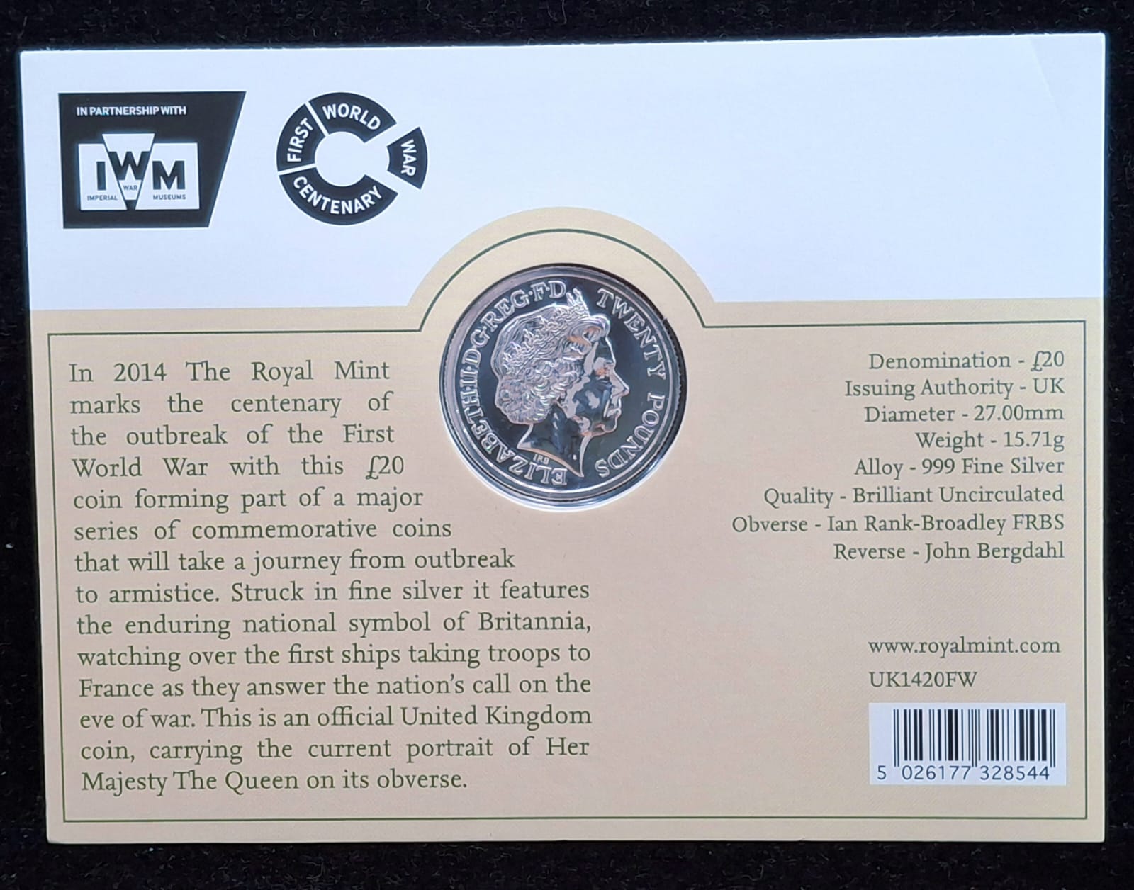 United Kingdom 20 Pounds 2014 - Elizabeth II World War I Commemorative issue Royal Mint Issue Rare Silver (Weight 15.71 g)