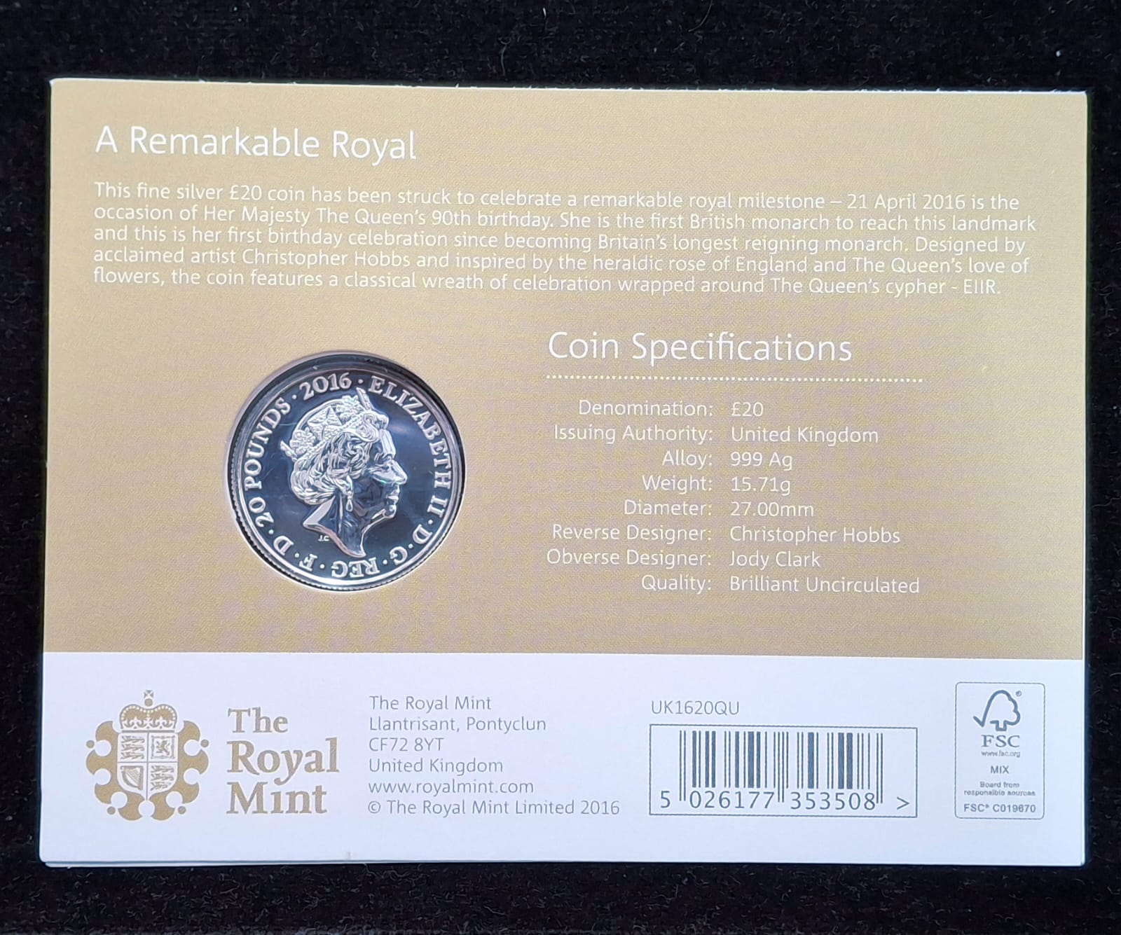 United Kingdom 20 Pounds 2016 - Queen's 90th Birthday Elizabeth II Commemorative issue Royal Mint Issue Rare Silver (Weight 15.71 g)