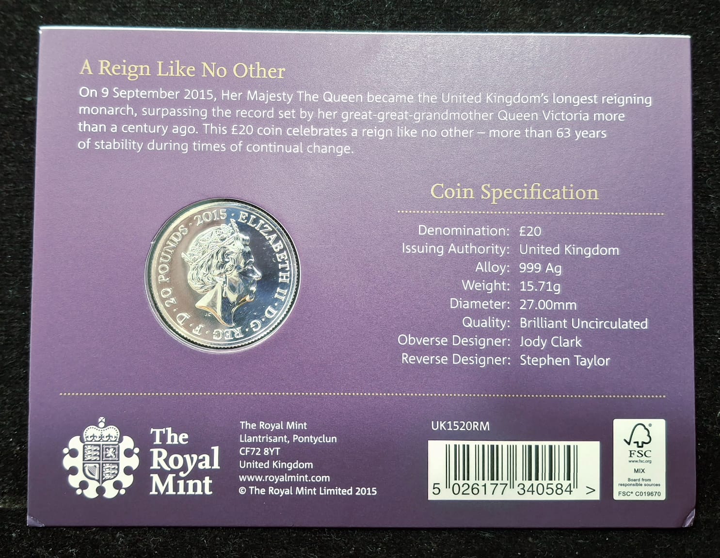 United Kingdom 20 Pounds 2015 - Elizabeth I Longest Reign Commemorative issue Royal Mint Issue Rare Silver (Weight 15.71 g)