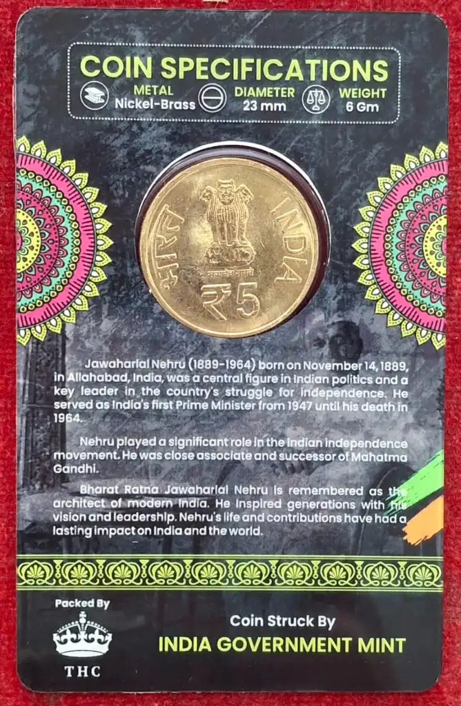 5 Rs. JAWAHARLAL NEHRU rare Commemorative Coin Card Special Edition