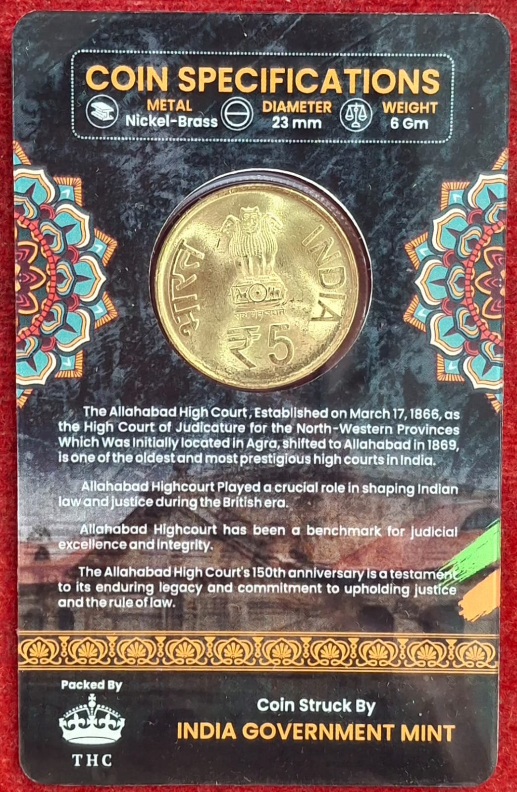 5 Rs. ALLAHABAD HIGH COURT rare Commemorative Coin Card Special Edition