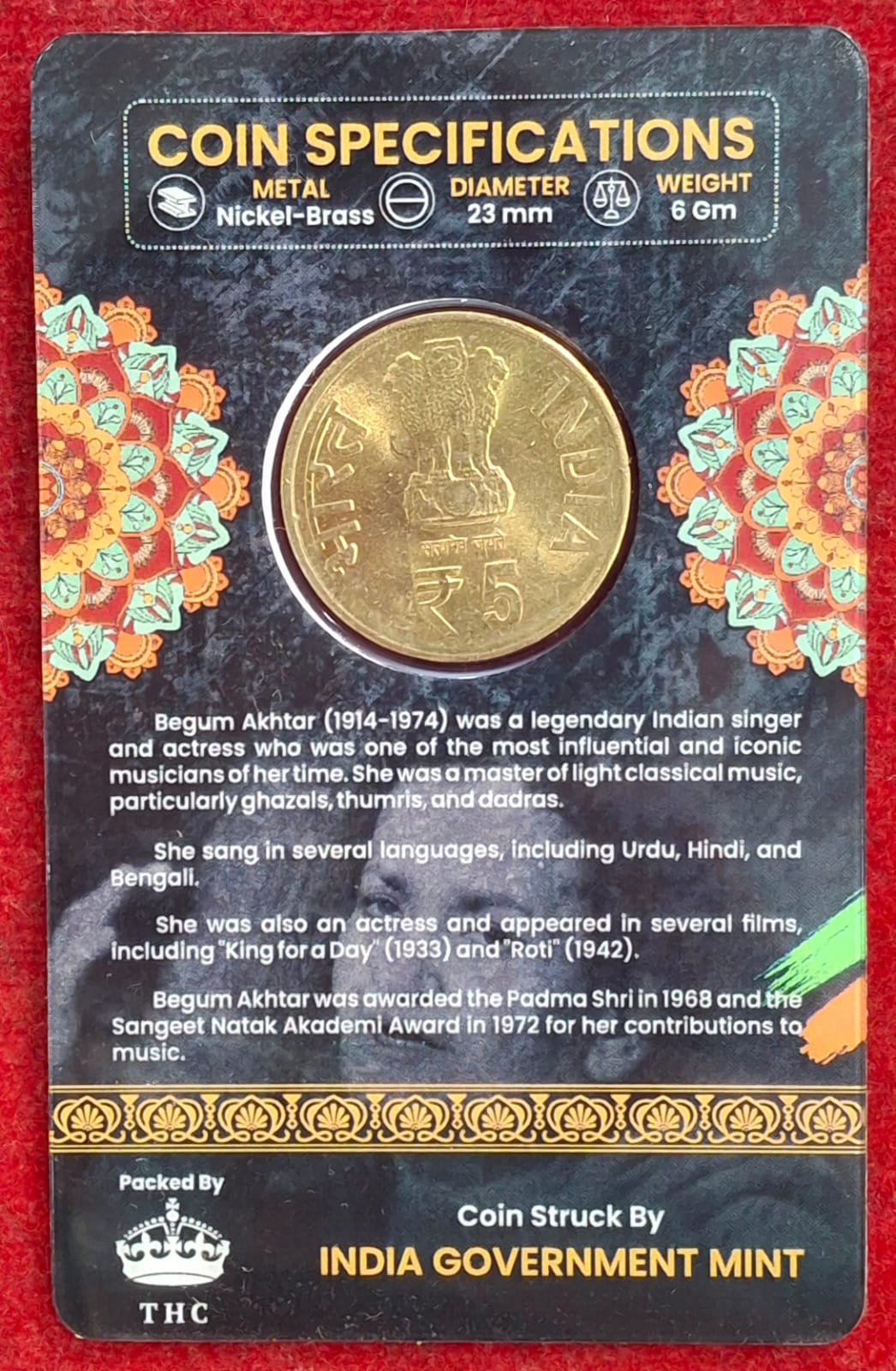5 Rs. BEGUM AKHTAR rare Commemorative Coin Card Special Edition
