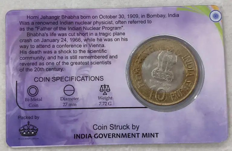 10 Rs HOMI BHABHA BIRTY CENTENARY YEAR rare Commemorative Coin Card Special Edition