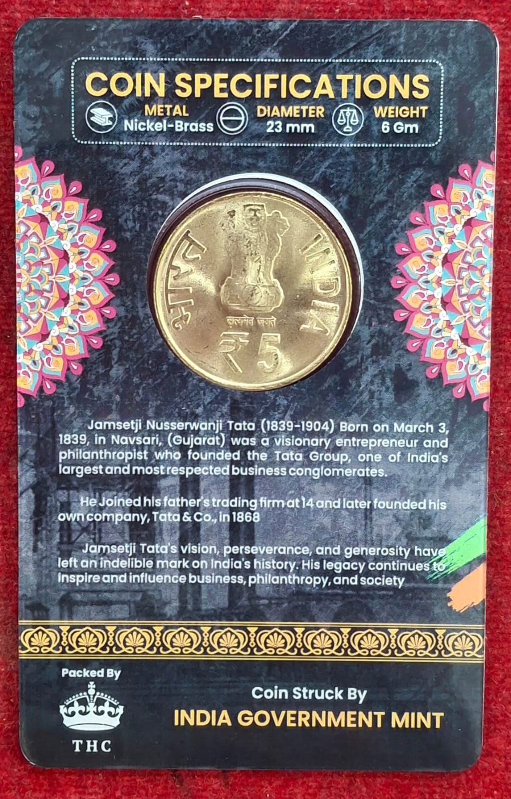 5 Rs. JAMSET JI TATA rare Commemorative Coin Card Special Edit