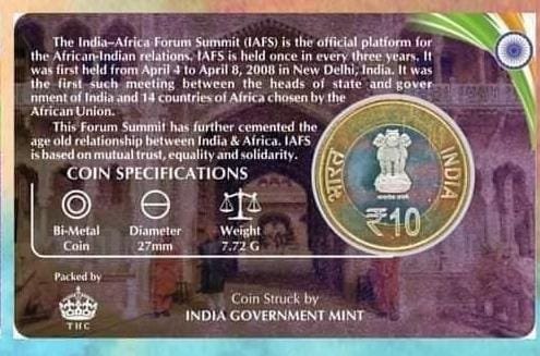 10 Rs ( 3rd INDIA - AFRICA FORUM SUMMIT rare Commemorative Coin Card Special Edition