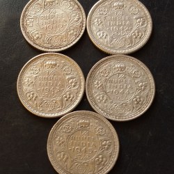 King👑👑👑George Vl 5 Different years Years- 1/4₹ Complete Set Dates Details:- 1940/42/43/44 /45 Weight 2.9GM Each Original Gauarantee Excellent Condition. Same and similar piece available