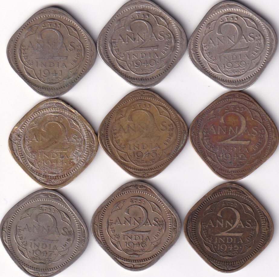 1939-1947 British India George 6 Two Annas Complete Set # N-347
